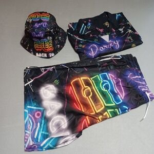 Mens 3pc 80s Party Set Neon Retro Button Down Shirt Shorts Bucket Hat XXL Black